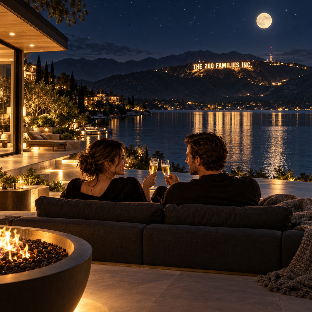 Illustrated coastline celebration: two figures raise champagne glasses beneath an illuminated hillside sign reading THE 200 FAMILIES INC.